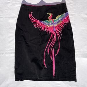 Basil & Maude Slit Skirt Embroidered Bird Womens 6 Black Pink Corduroy